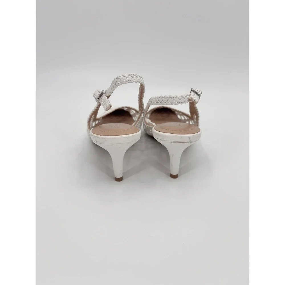 B15 Alfani Babbsy Woven Slingback Heels 8 White Pointed Toe Kitten Heel Dressy